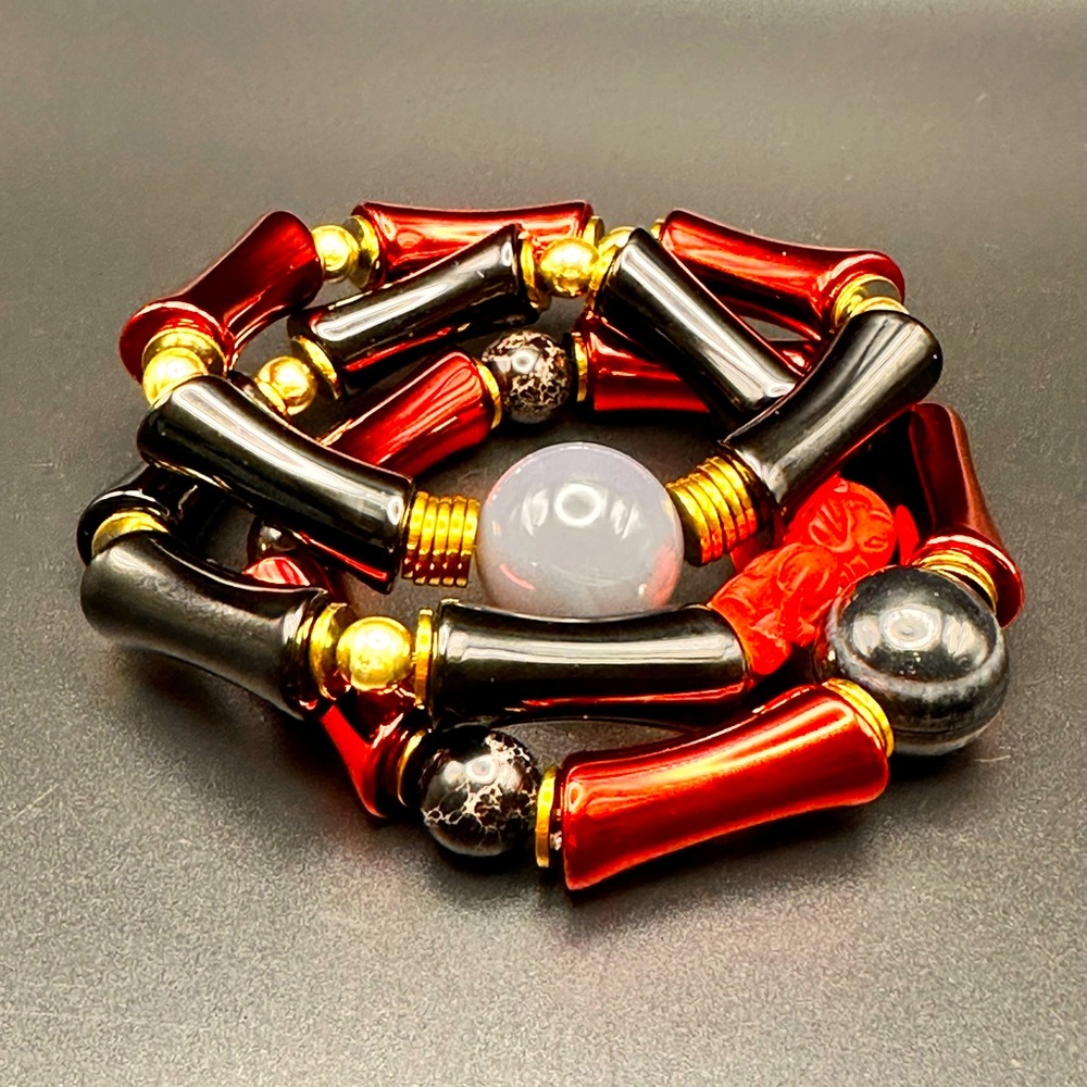 CHONKY GREY AGATE + ONYX  BRACELET SET (3) size 6 to 6.5